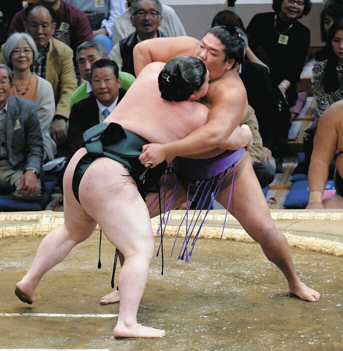 時疾風（左）に寄り切られ、二日目にして土がついた尊富士