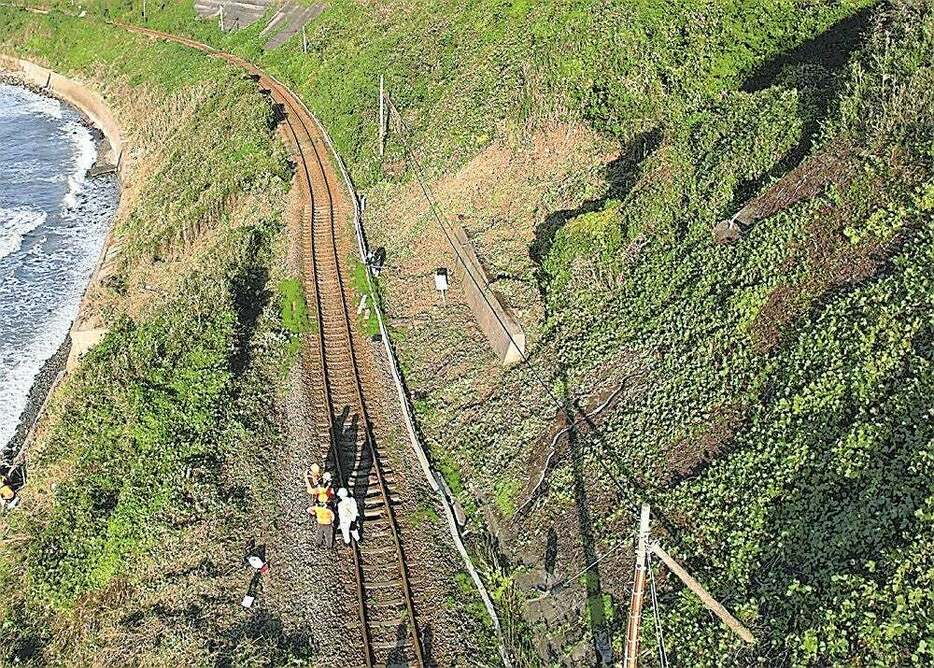 大雨の影響で沿線の斜面に亀裂が生じ、海側にゆがんだ線路（JR西日本提供）