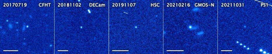 図1: さまざまな望遠鏡で撮影された2019 UO14（中央の光点）。（Credit: Man-To Hui, et al.）