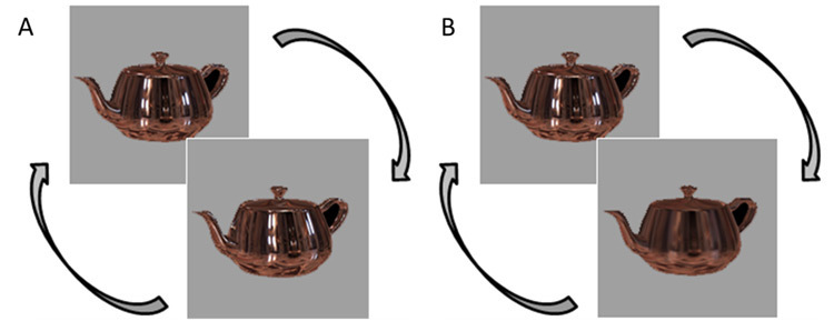 照明の位置が変化する条件（A）と、物体の質感が変化する条件（B）を比較した実験