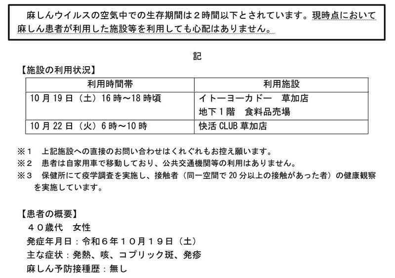 麻しん（はしか）患者の発生について（2024年11月1日発表）