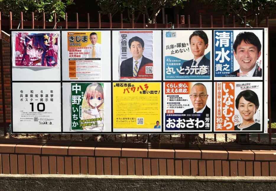 元首相やアニメのキャラクターとみられる人物のポスターが張られた兵庫県知事選のポスター掲示板。立候補者以外は既に撤去されている＝１１日午前、神戸市中央区北長狭通４