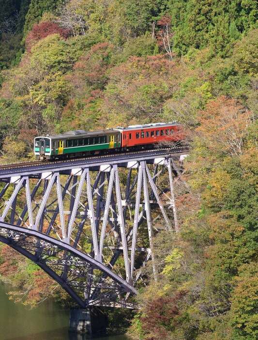 紅葉の中、第一只見川橋梁を渡る只見線＝福島県三島町（芹沢伸生撮影）