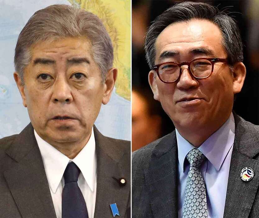 写真左から岩屋毅外相（時事）と韓国の趙兌烈外相（ＡＦＰ時事）