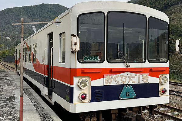 神岡鉄道で使用されていた気動車、KM-100形「おくひだ号」。1両のみの製造だが、僚機にKM-151形・151号も存在する。単機の運転体験では101号が使用される。貫通扉のない前面スタイルが特徴（遠藤イヅル撮影）。