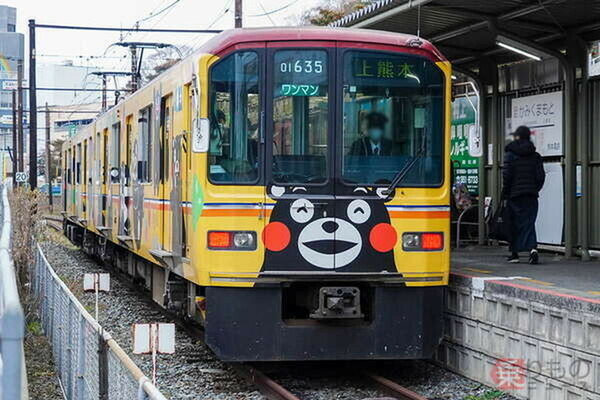 かつて銀座線で使用されていた熊本電鉄の01系「くまモン」ラッピング車両（乗りものニュース編集部撮影）。