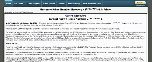 史上最大の素数を発見したと発表するＧＩＭＰＳのウェブサイト