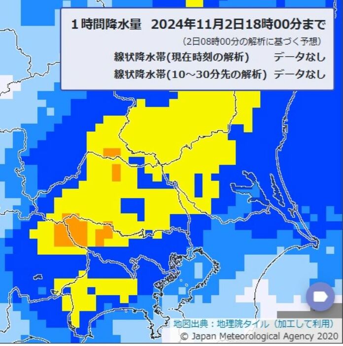 2日午後6時の雨の予想図（気象庁HPから）