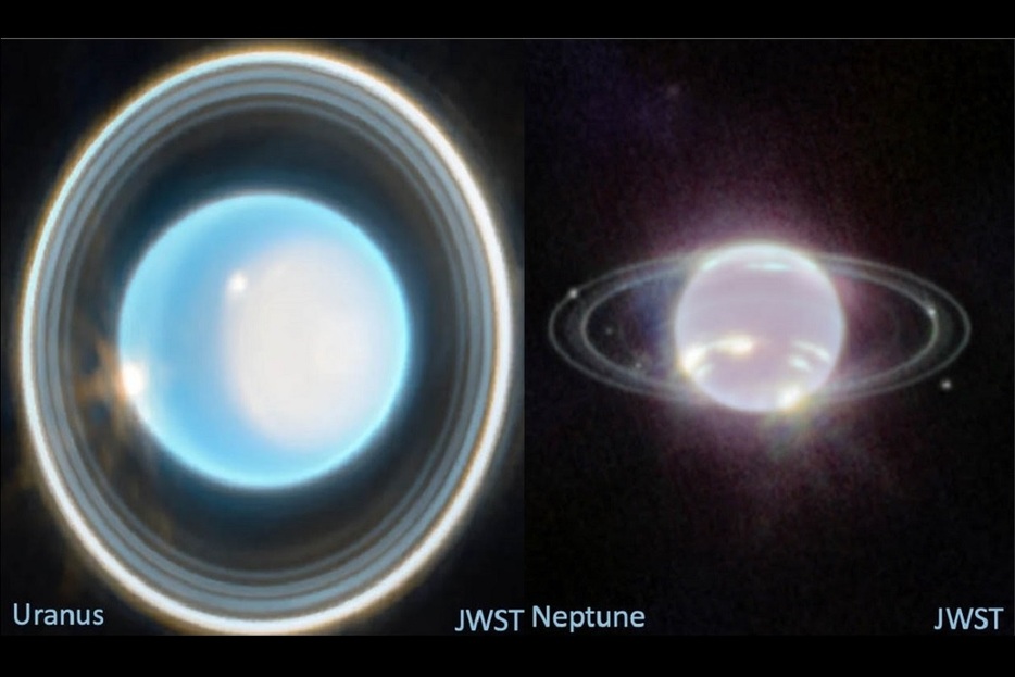 ジェイムズ・ウェッブ宇宙望遠鏡（JWST）で撮影した天王星（左）と海王星（右）の合成画像（NASA, ESA, CSA, STScI, Joseph DePasquale (STScI), Naomi Rowe-Gurney (NASA-GSFC))