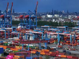 Shipping containers at Hamburg Port in Hamburg, Germany. Photographer: Sean Gallup/Getty Images Europe