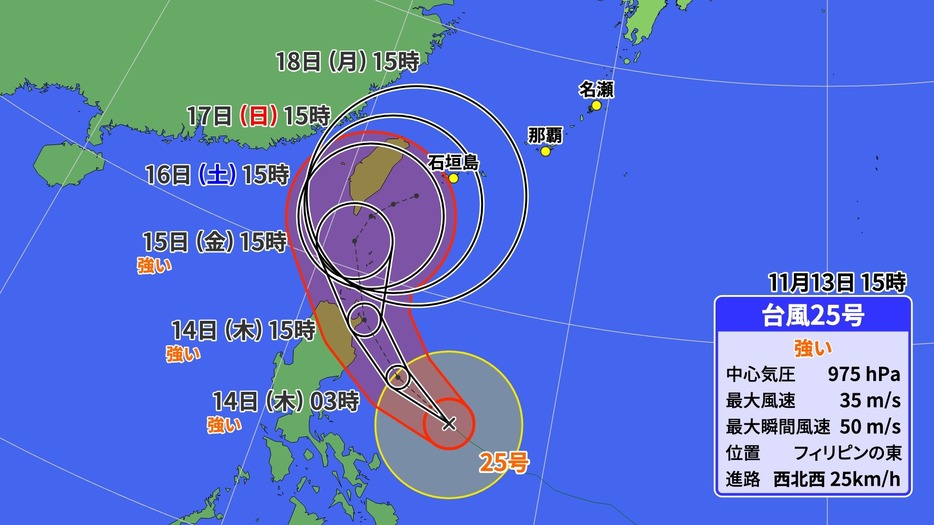 13日(水)午後3時の台風25号の位置と進路予想