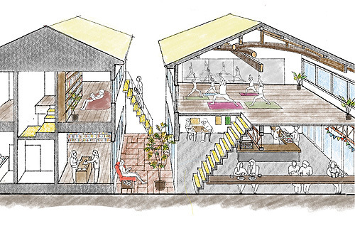 古民家（左側）と元駐車場の建物（右側）を再興した複合施設のイメージ