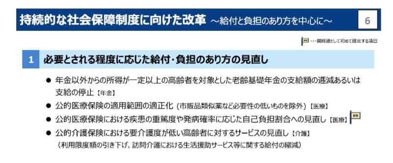 関経連が公表した提言より。高所得者への年金停止について言及している