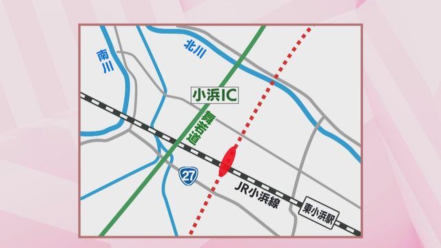 小浜市に設置予定の新幹線駅の候補地(赤く塗りつぶした部分)