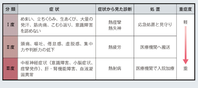 熱中症の症状と分類 (国立登山研修所、2022)