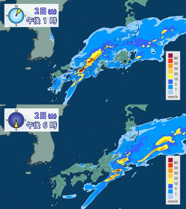 雨の予想(2日(土)午後1時・午後6時)