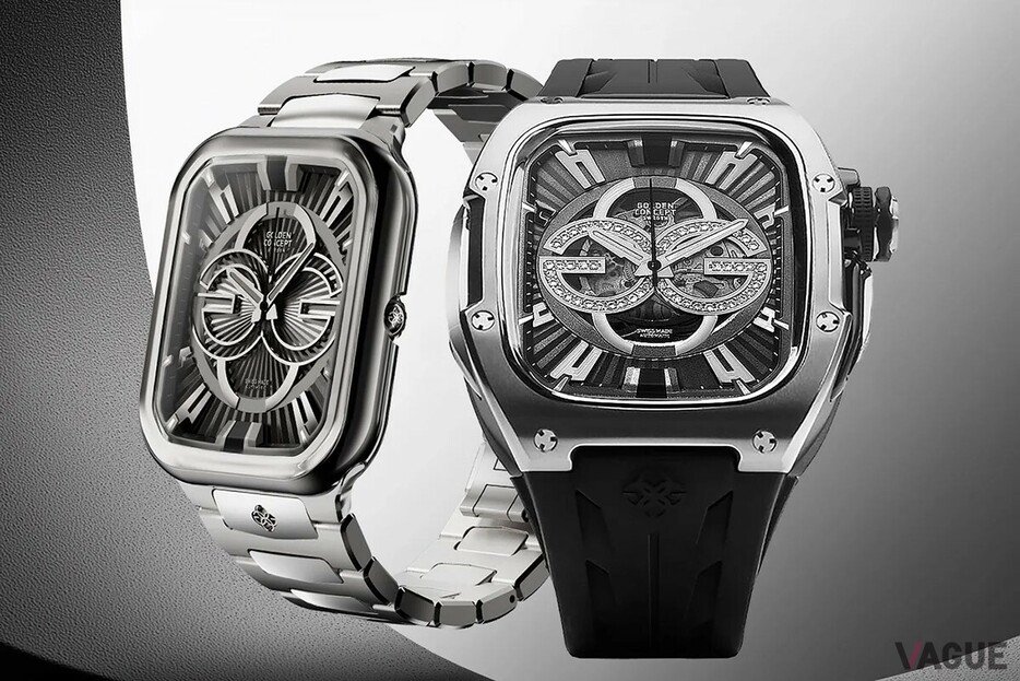 左よりGOLDEN CONCEPT 「Automatic GC Watch」（27万5000円、消費税込）「Automatic GC Watch Skeleton」（31万9000円、同。ケース別売）