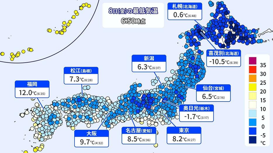 8日(金)6時50分までの最低気温