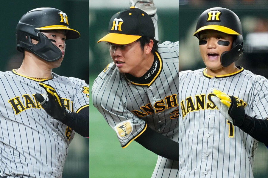 阪神・佐藤輝明、才木浩人、森下翔太（左から）【写真：矢口亨、荒川祐史】