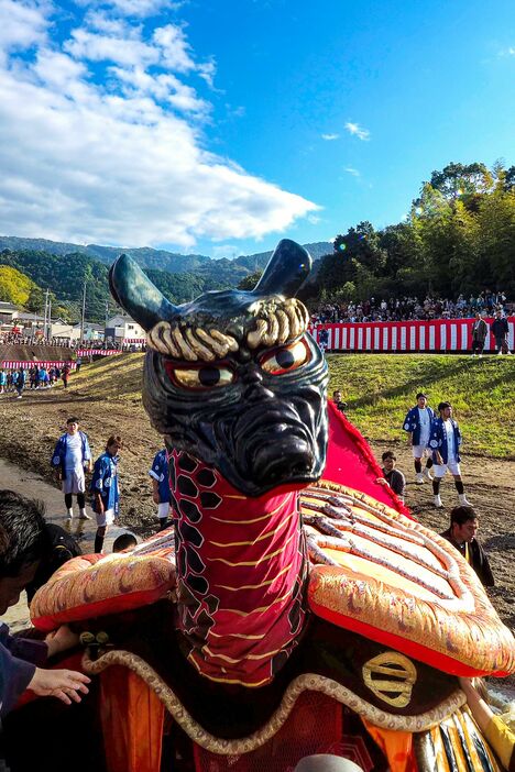 熊本「八代妙見祭」　亀の体に蛇の頭がニョキリ