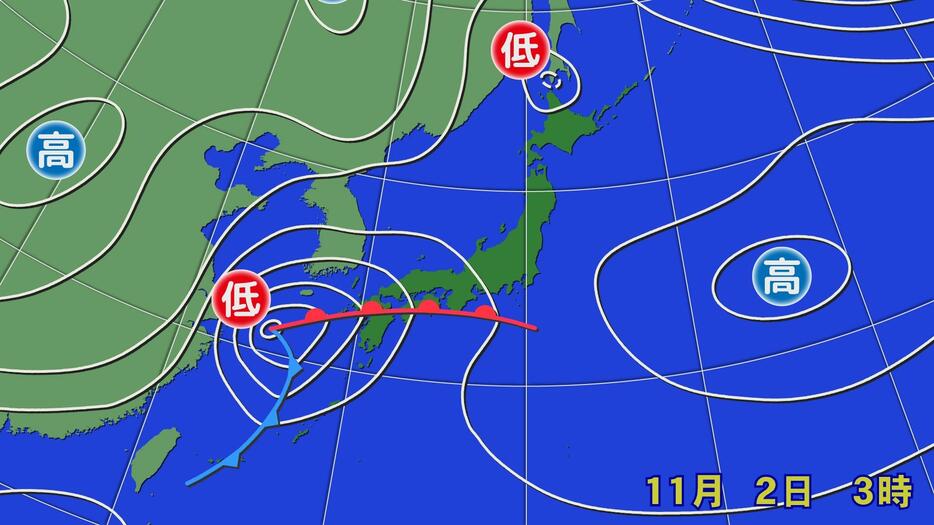 2日(土)午前3時の実況天気図