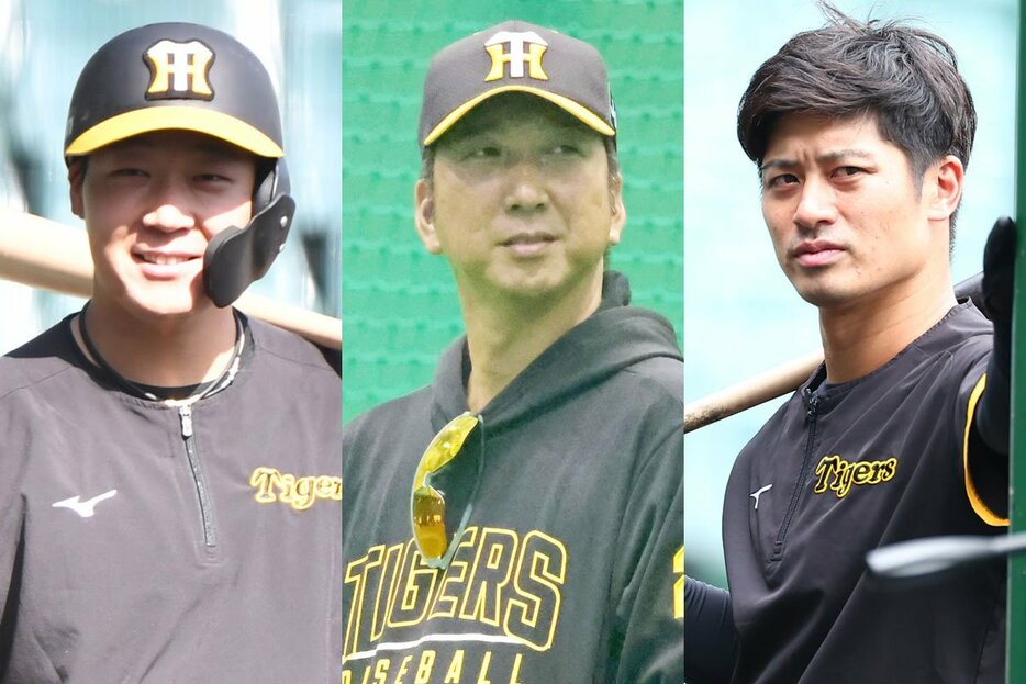 左から阪神・大山悠輔、藤川新監督、坂本誠志郎