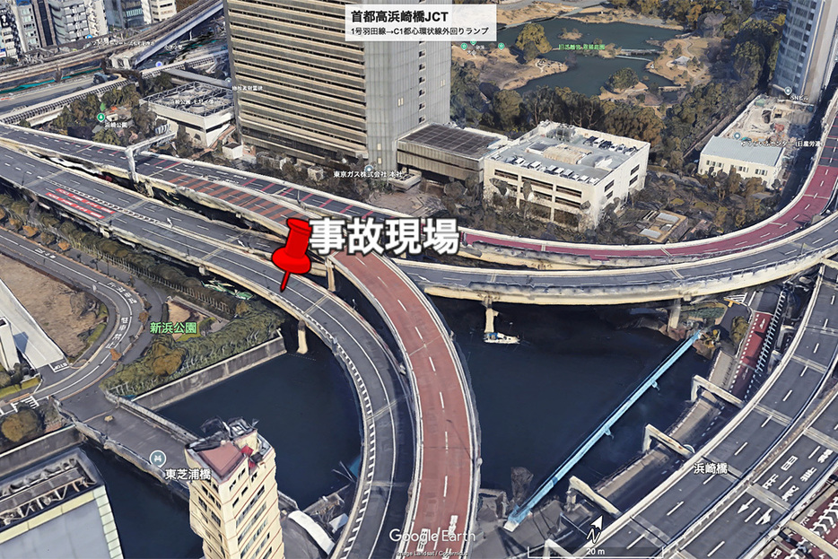 首都高速の火災事故現場（画像：Google Earth）