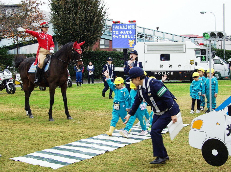 警視庁光が丘署は２１日、練馬区内の幼稚園児を対象に横断歩道の正しい渡り方を教える交通安全教室を開いた。騎馬隊も参加し、園児１１７人が乗馬体験や白バイの乗車体験などを楽しんだ。