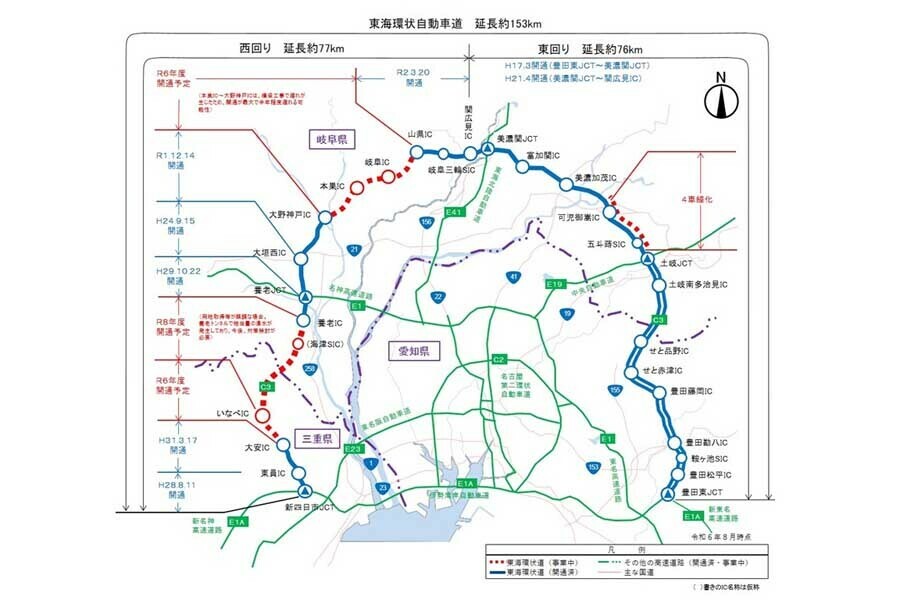 東海環状道の路線図と建設計画（画像：国土交通省）