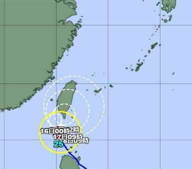 15日正午の台風25号の進路予想図（気象庁のHPから）