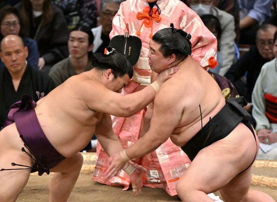 平戸海（左）と立ち合う正代。押し出しで破る（撮影・中村太一）