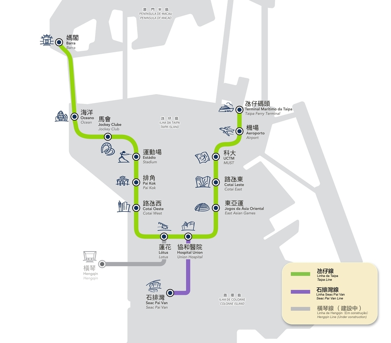 マカオLRTの路線図（図版：Macao Light Rapid Transit社公式HPより）