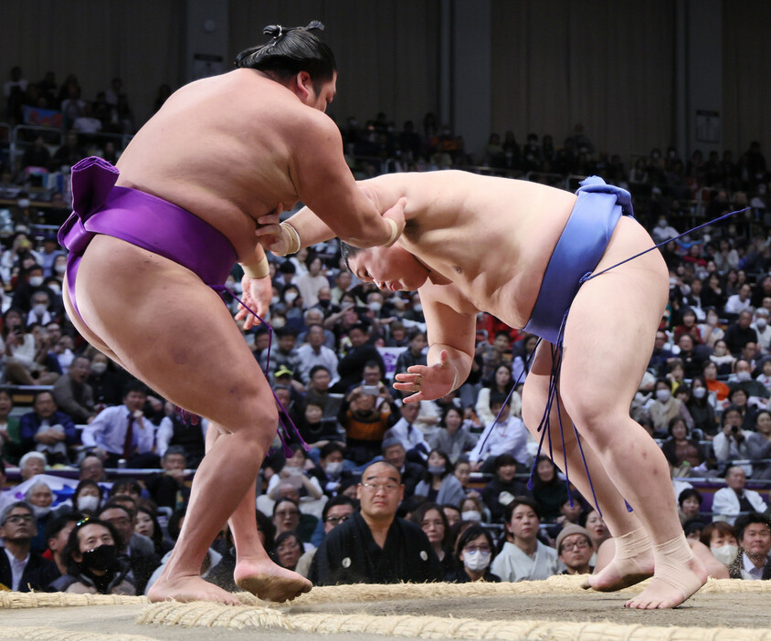 大相撲九州場所１２日目。大の里（右）は尊富士を押し出しで下す＝２１日、福岡国際センター