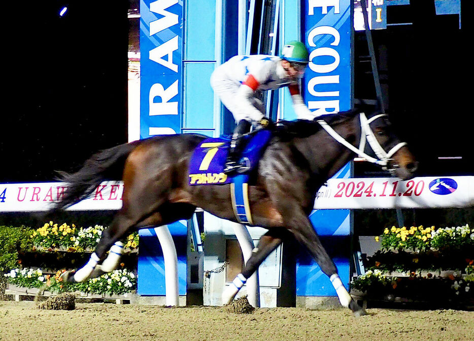 Ｃデムーロ騎手との初コンビで重賞初制覇を果たしたアウトレンジ（浦和競馬場で、カメラ・松井　中央）