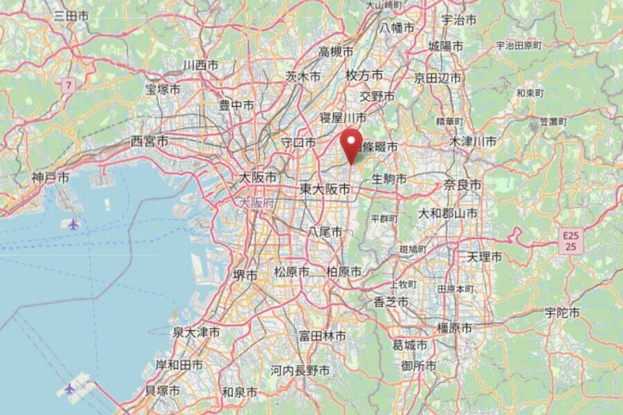 船井電機の本社位置（画像：OpenStreetMap）