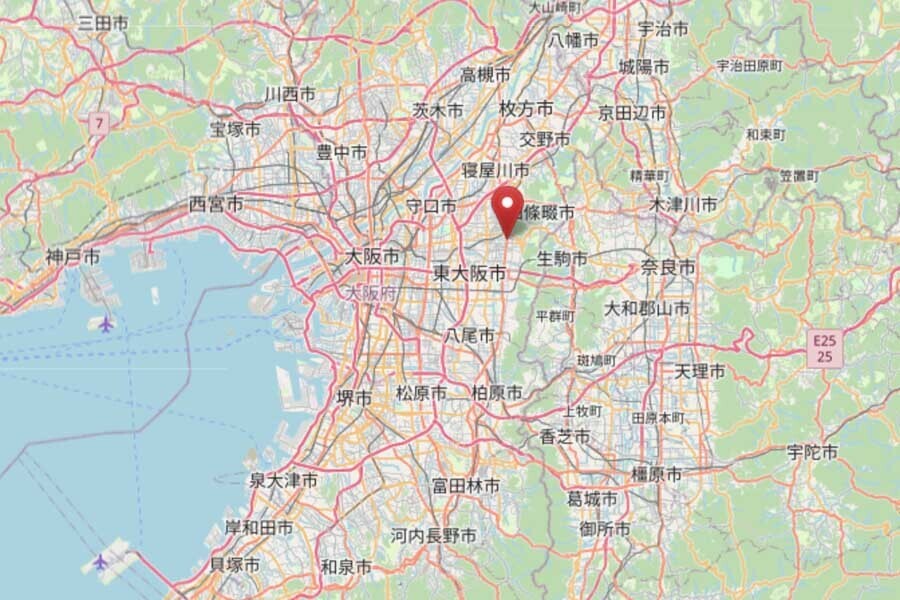 船井電機の本社位置（画像：OpenStreetMap）