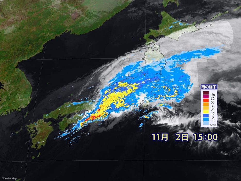 2日(土)午後3時の雨雲の様子