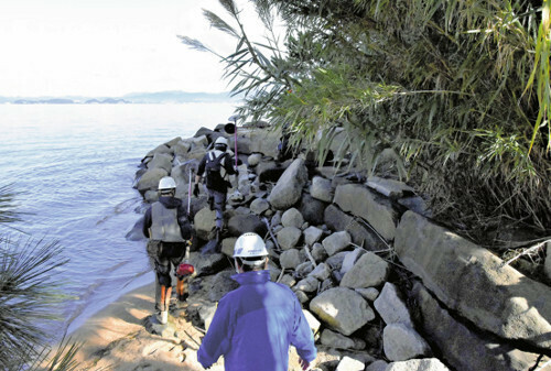 草刈りや樹木の伐採のため、不法造成地に入る作業員（１１日午前、松江市で）