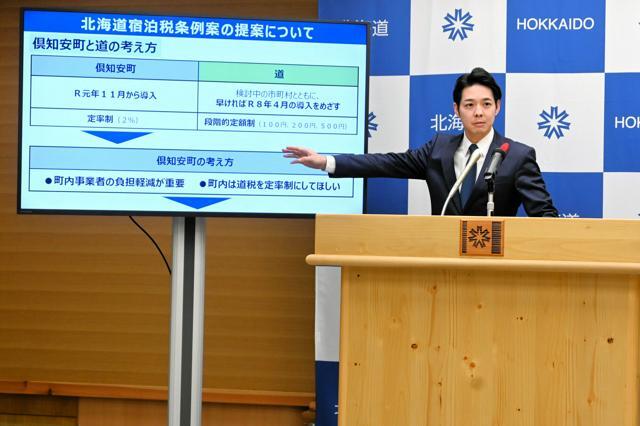 先行して宿泊税を導入している倶知安町との徴収方法の違いを説明する鈴木直道北海道知事=2024年11月26日午後3時16分、北海道庁