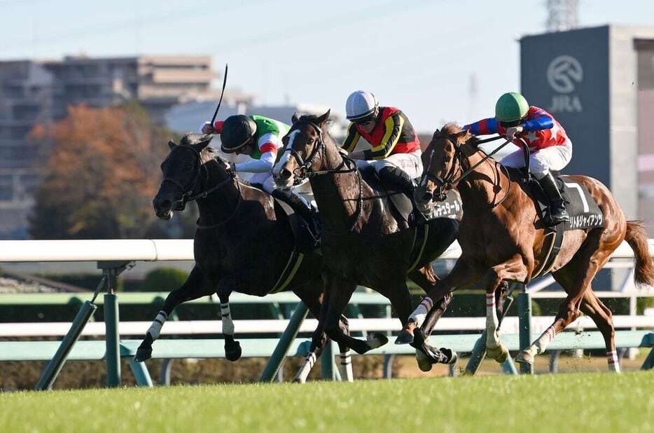 葉牡丹賞を制しデビュー2連勝のヴィンセンシオ（左、黒帽）＝30日、中山競馬場（撮影・奈良武）