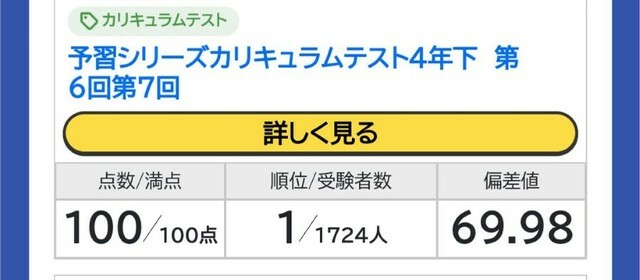 テストの結果。満点・１位という輝かしい成績に対して偏差値は――。 ※たぬきち2027W中学受験さん提供