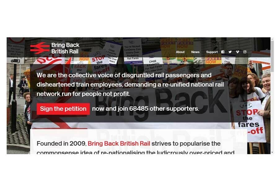 1990年代の民営化を経た結果、英国民に法外な価格と過剰に複雑な鉄道システムが残されたとして、それを再国有化するという考えを広める活動を行っている圧力団体「Bring Back British Rail」のウェブサイト（画像：Bring Back British Rail）