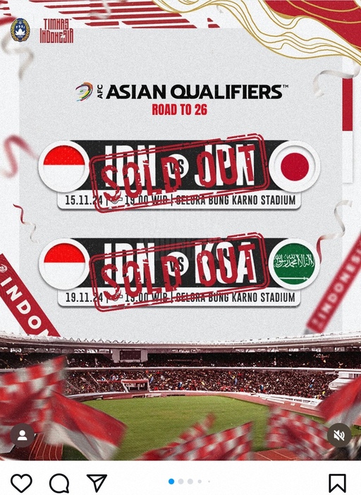 インドネシアサッカー協会公式インスタ（@pssi）から。日本、サウジアラビア戦のチケットが完売したことを報告した