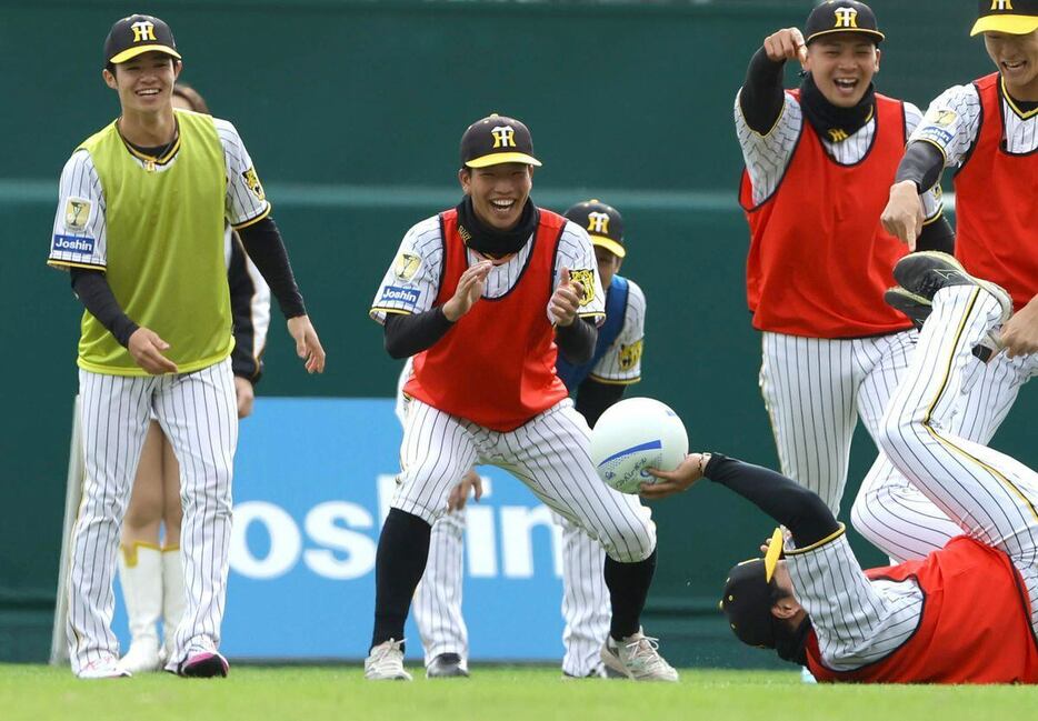 【プロ野球阪神　ファン感謝デー】ドッジボール対決を楽しむ阪神・百崎蒼生(中央)　＝甲子園球場（撮影・水島啓輔）