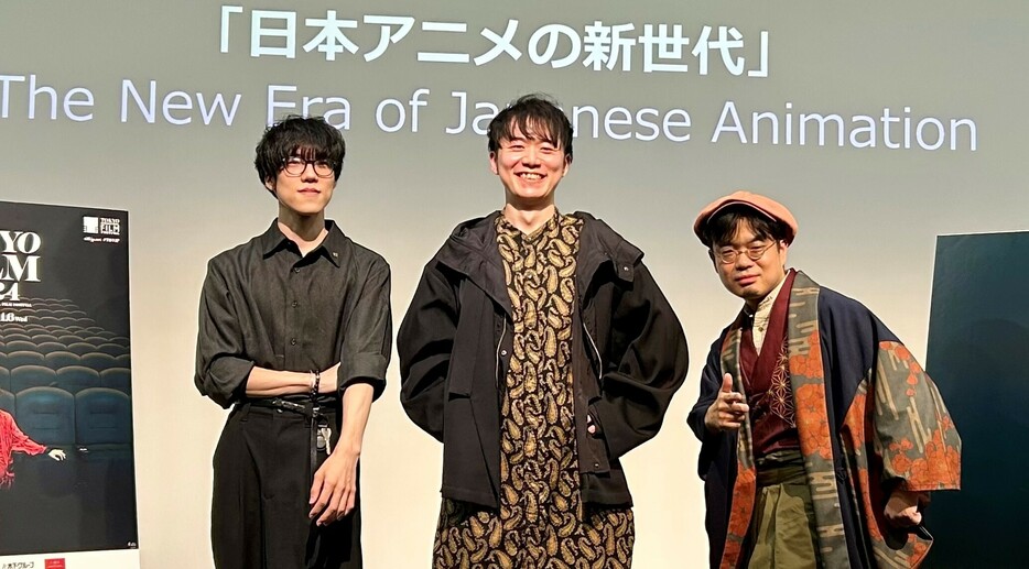 第37回東京国際映画祭のシンポジウム「日本アニメの新時代」に登壇した（左から）ぽぷりか、安田現象、塚原重義の3監督＝きどみ撮影