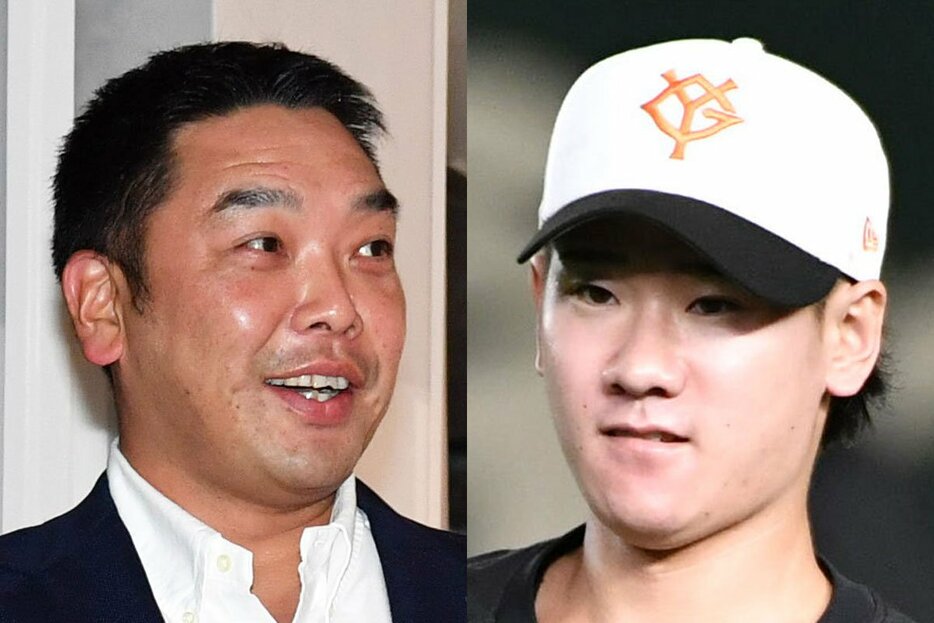 巨人・阿部監督(左)と井上温大