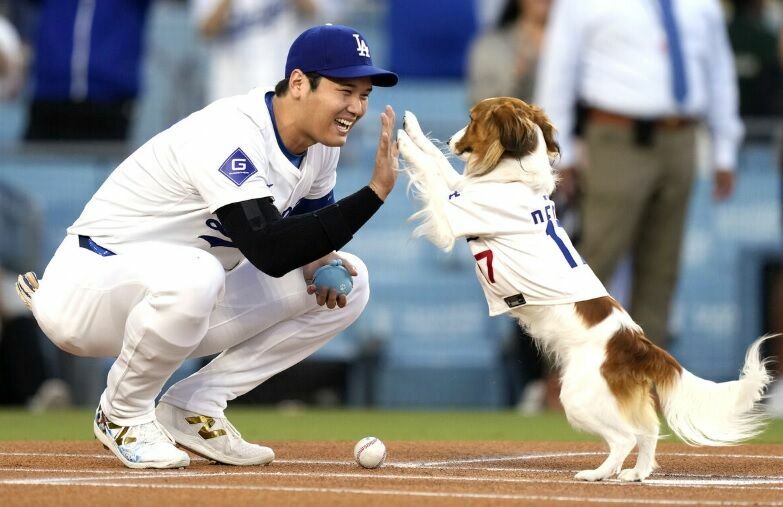 始球式に登場したデコピンと大谷（ＡＰ）