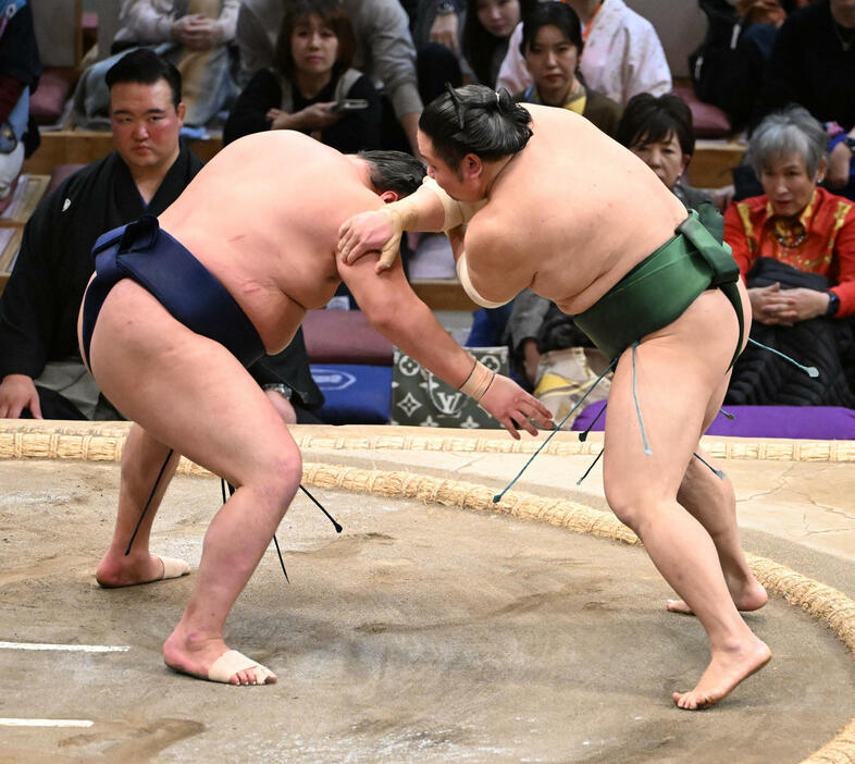 北の若（左）は東白龍がまげをつかむ反則により勝つ（撮影・和賀正仁）