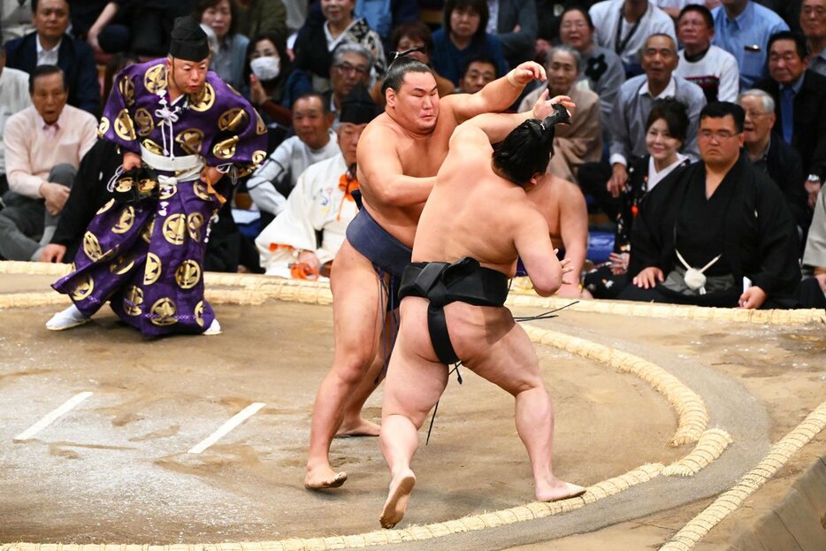 気迫の表情で若元春(手前)を押す豊昇龍