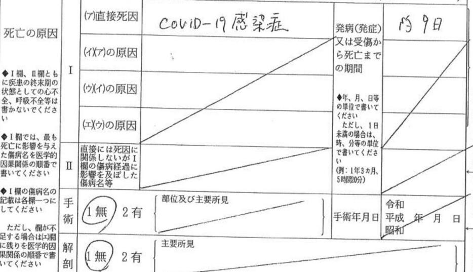 大西さんの死亡診断書には直接死因の欄に「COVID-19（新型コロナウイルス）感染症」と書かれていた（家族提供）